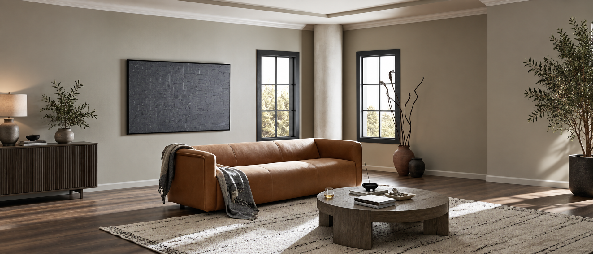 Relaxed home interior with soft layered textiles